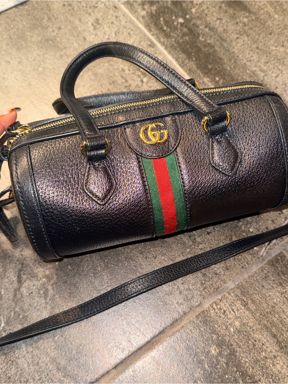 Gucci Black Leather Cylinder Bag with Green-Red Web Stripe